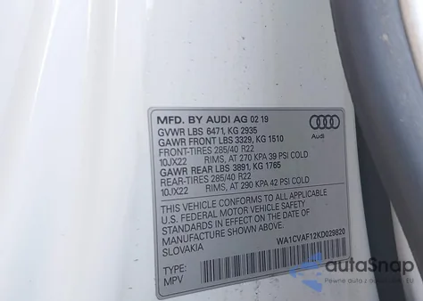 2019 Audi Q8 55 Premium z USA, uszkodzony, nr VIN WA1CVAF12KD029820